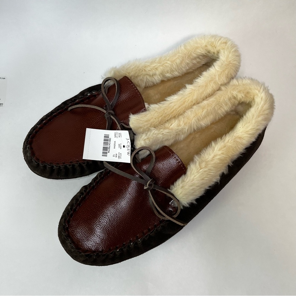 J.Crew Mens Slippers Mocassin Suede Fur Lined Leather Brown Size 12